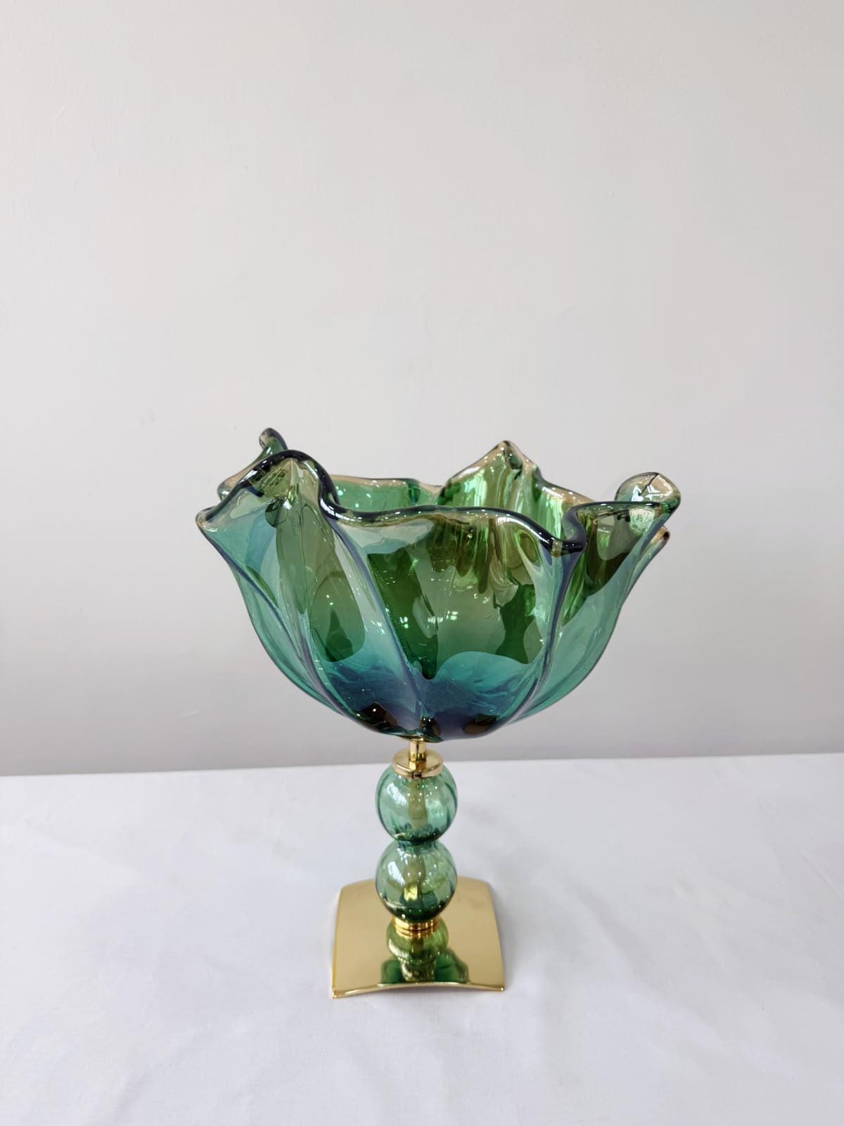 Murano Glass Centerpiece | Certified Murano Glass | Made in Italy | Table Decoration | Collection Fazzoletto Pasta di Vetro Verde con base