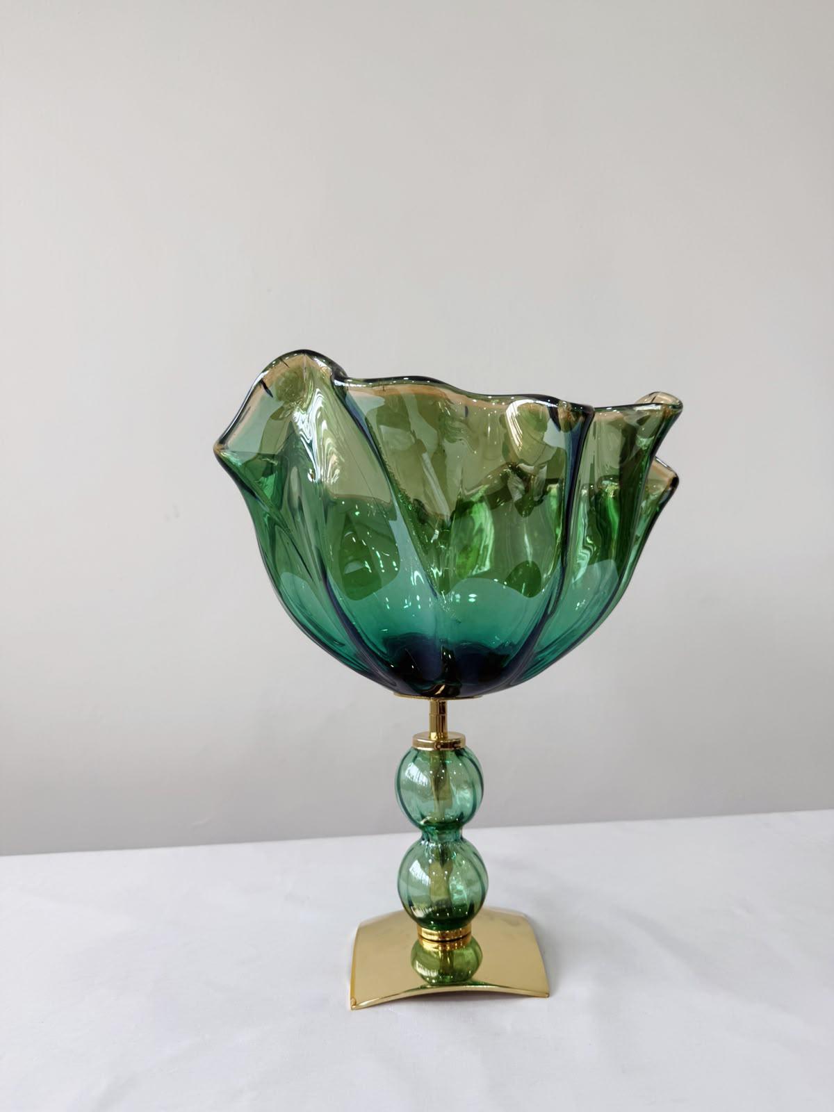Murano Glass Centerpiece | Certified Murano Glass | Made in Italy | Table Decoration | Collection Fazzoletto Pasta di Vetro Verde con base